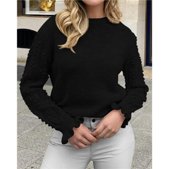 Fall Sweaters for Women 2025 Crew Neck Long Sleeve Hollow Out Swiss Dot - Picture 5 of 7